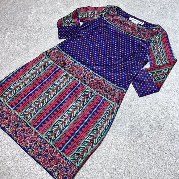 Gretchen Scott Dress Womens Small Mixed Pattern Sheath Blue Red Green 3/4 Sleeve - Picture 5 of 14